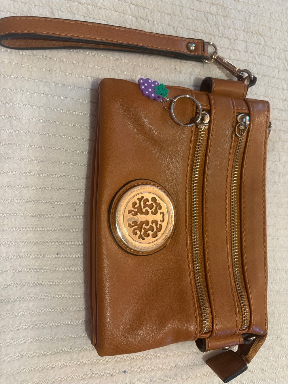 Brown Leather Wristlet Clutch with Gold Accent